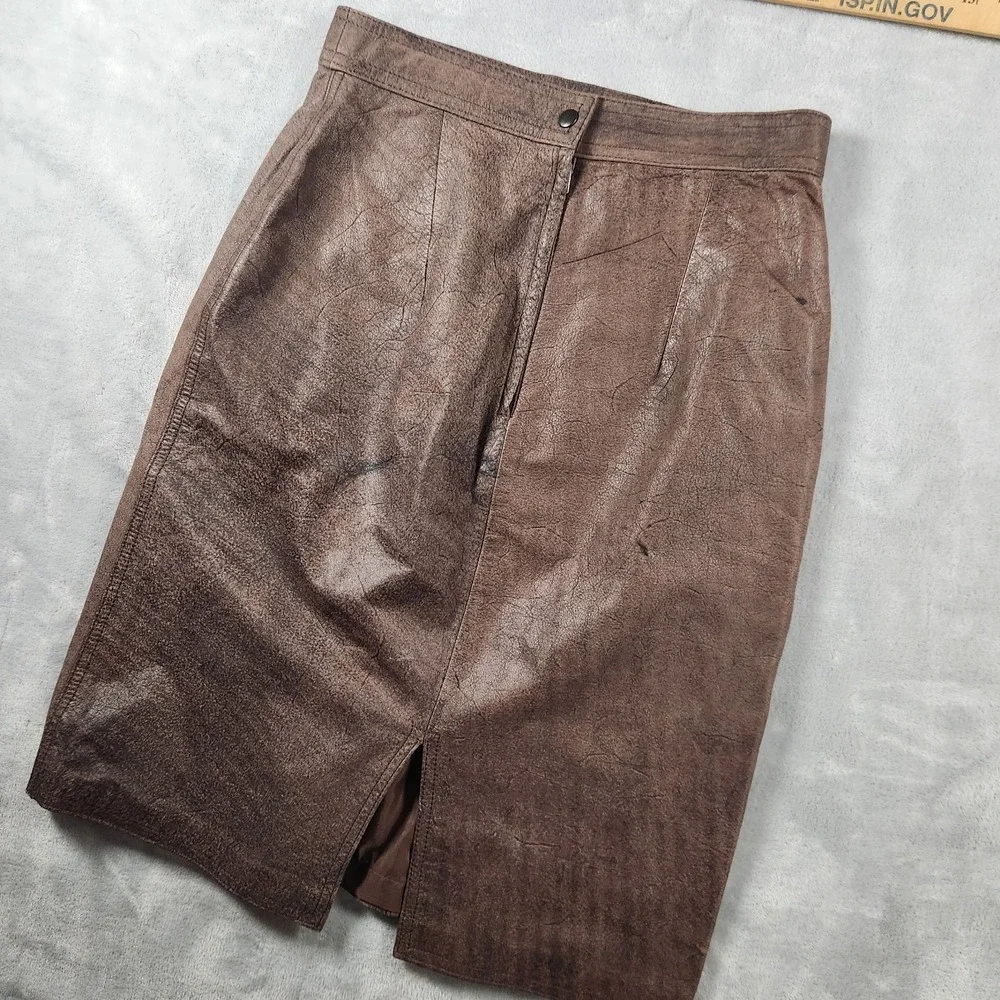 Tarazzia Internationale Genuine Leather Pencil Skirt Brown Vintage 90s Size 7/8